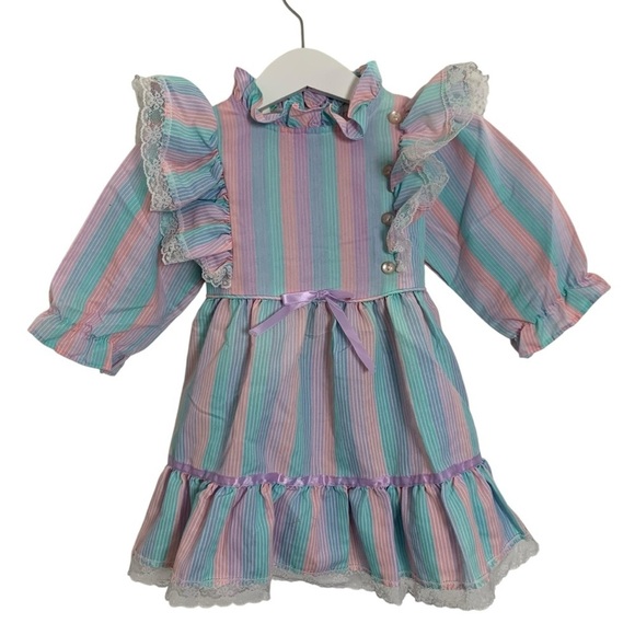 Vintage Toddler Girl Rainbow Stripe Dress 2T Lace Buttons Ribbon Kawaii Bow Cute - Picture 1 of 15